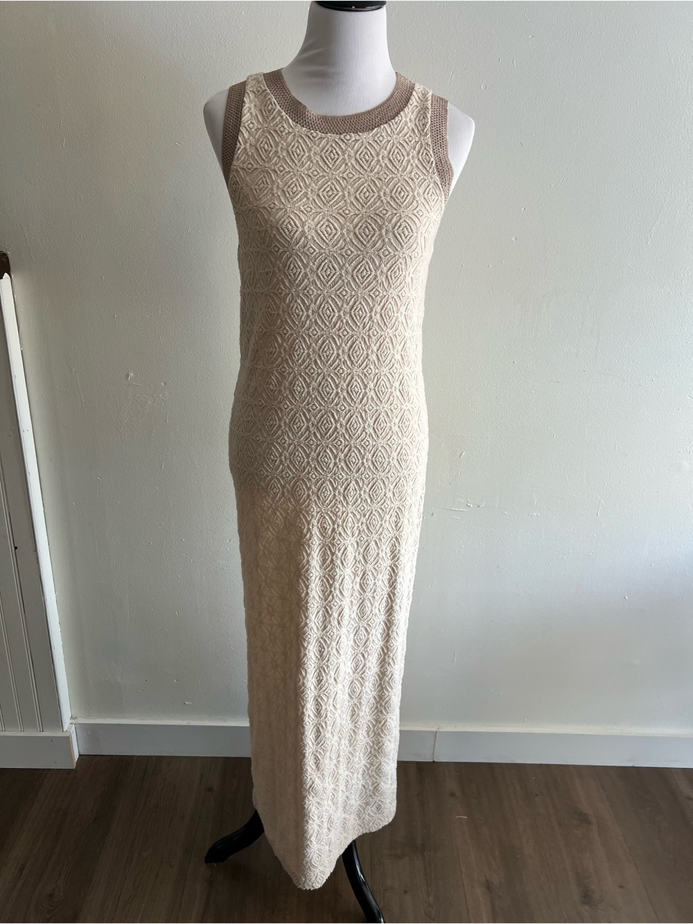 Zara Cream Textured Knit Maxi Dress with Taupe Trim